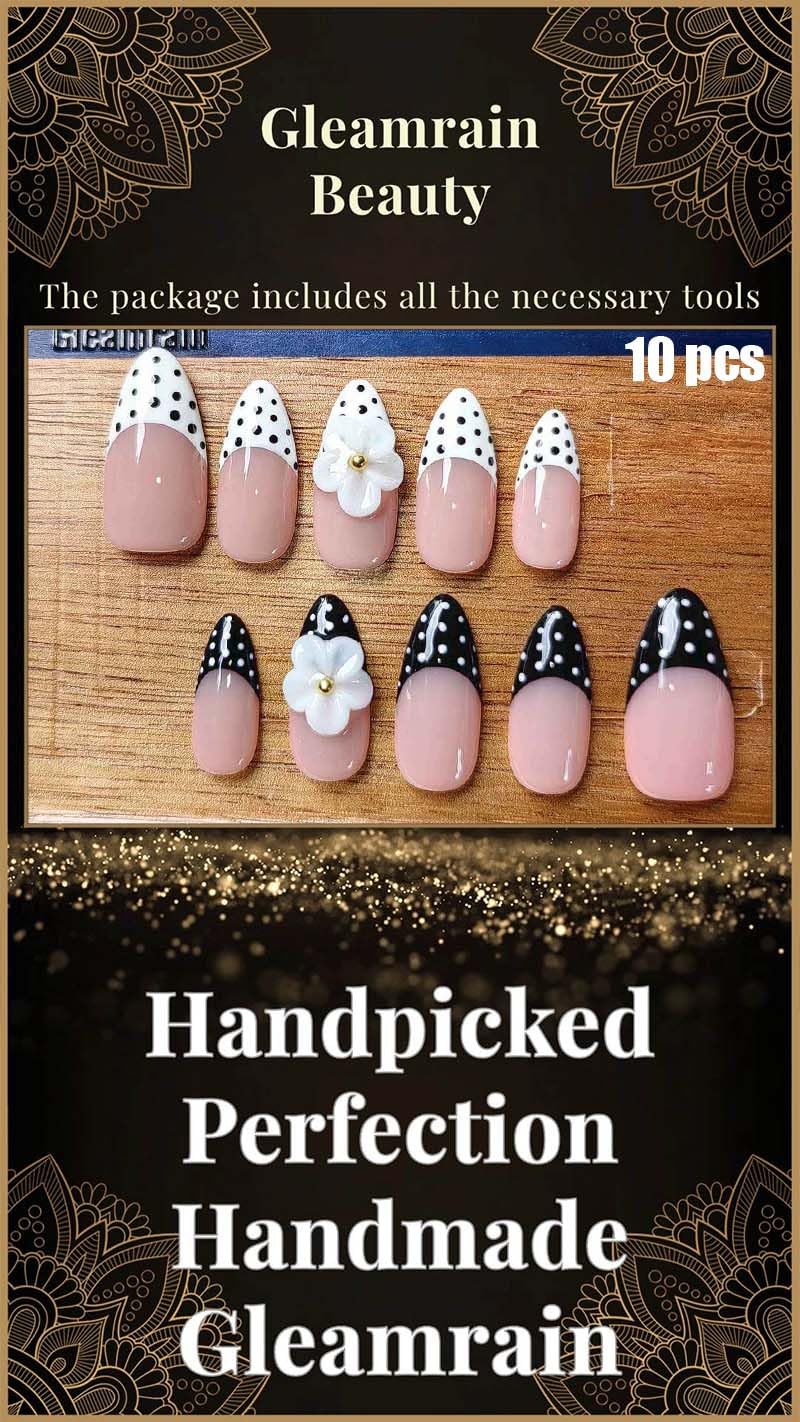 Gleamrain Handmade Almond Press-On Nails – Medium (M), 10-Piece Luxury Floral Design