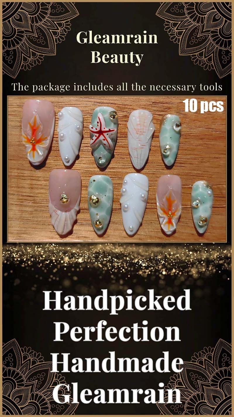 Gleamrain Handmade Press-On Nails – Almond Shape, Size M, Luxury 10-Piece Set by P04