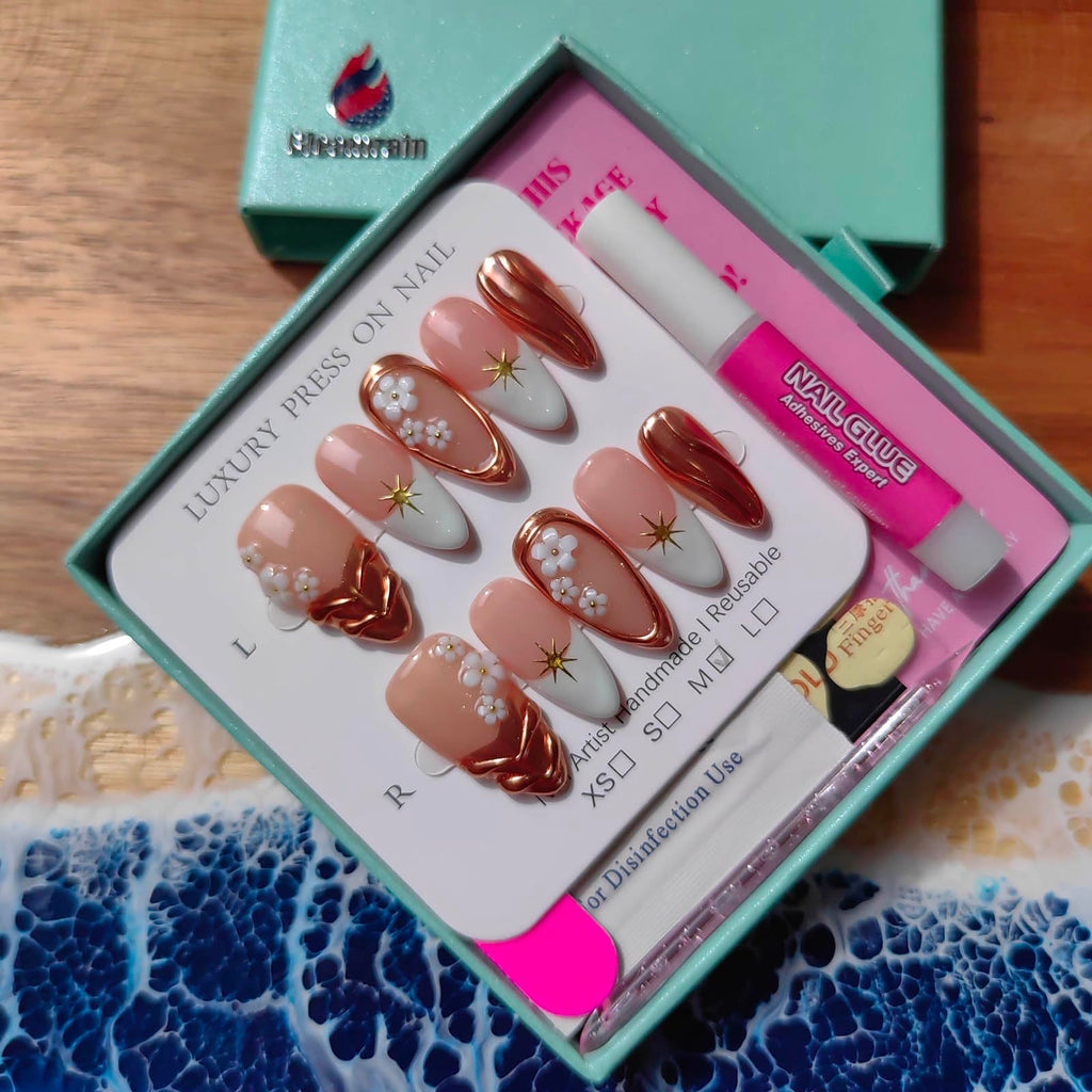 Gleamrain Almond Shape Press-On Nails – 10 Pcs, Medium (M) | Floral Design