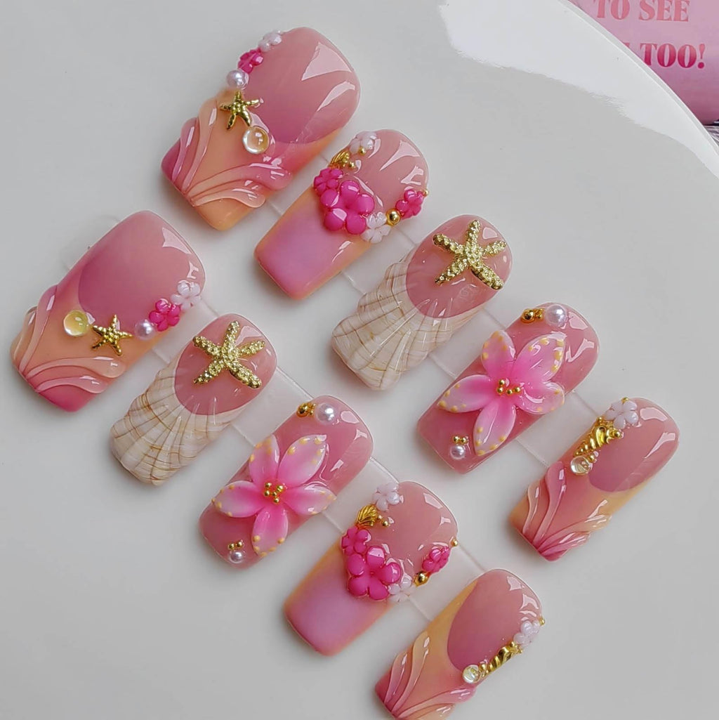 Gleamrain Handmade Press on Nails – Medium Square, 10pc M Size, Floral Pattern