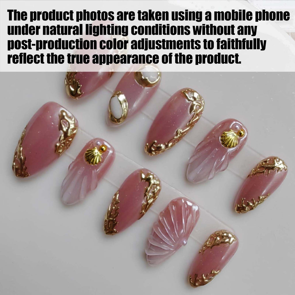 Gleamrain Pink Handmade Press-On Nails – Almond Medium Glue-On Nails with Shell and Chrome Finish (10pcs)