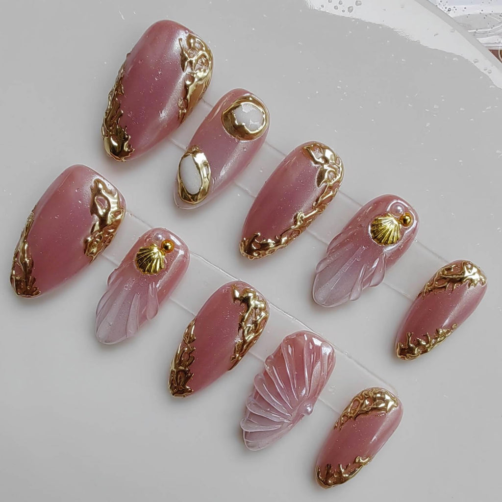 Gleamrain Pink Handmade Press-On Nails – Almond Medium Glue-On Nails with Shell and Chrome Finish (10pcs)