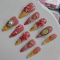 Gleamrain Pink Handmade Press-On Nails - Long Almond with French Tips & 3D Flower (Pattern 27)