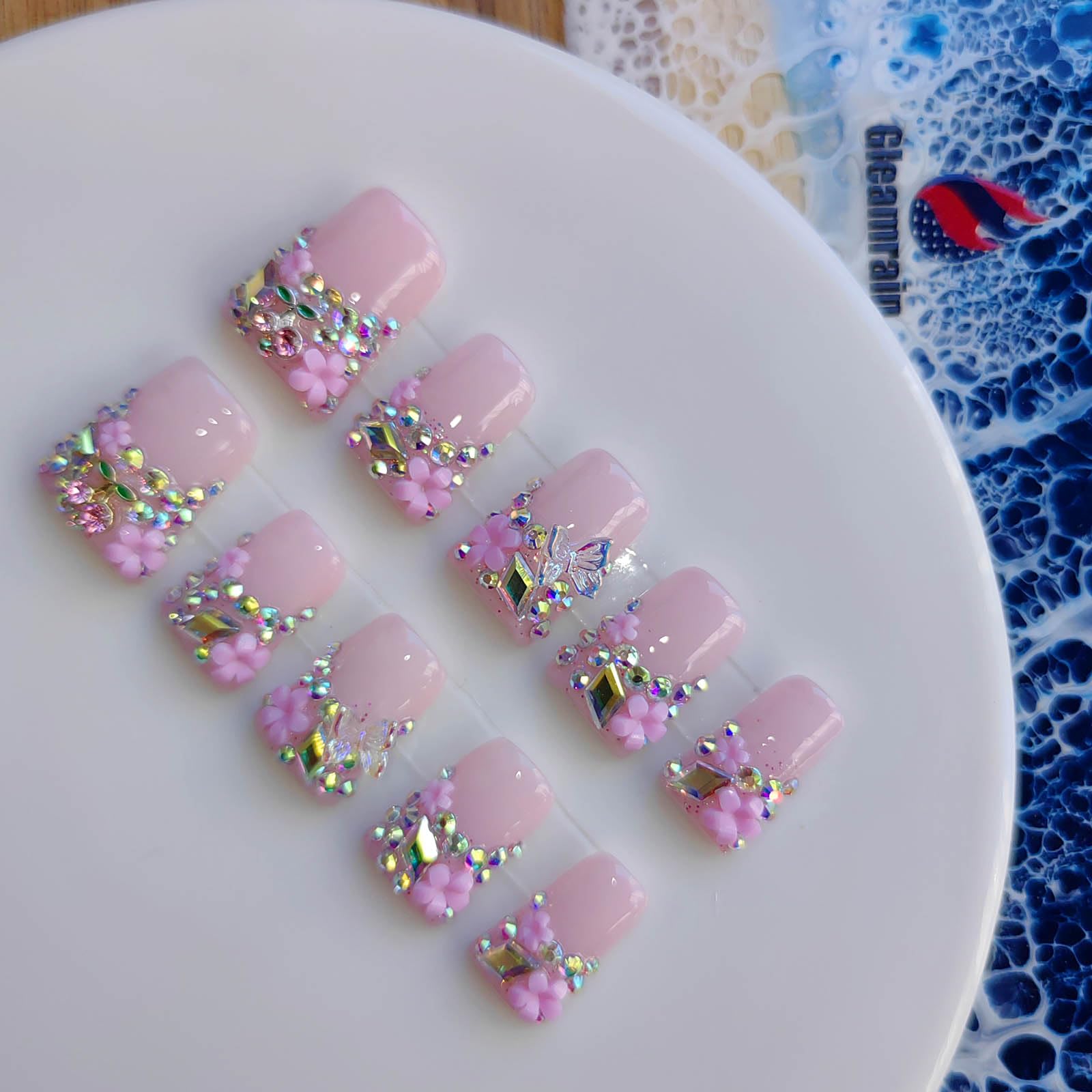 Gleamrain Pink Press-On Nails – Duck Design with 3D Flowers & Rhinestones, 10pcs, Size M