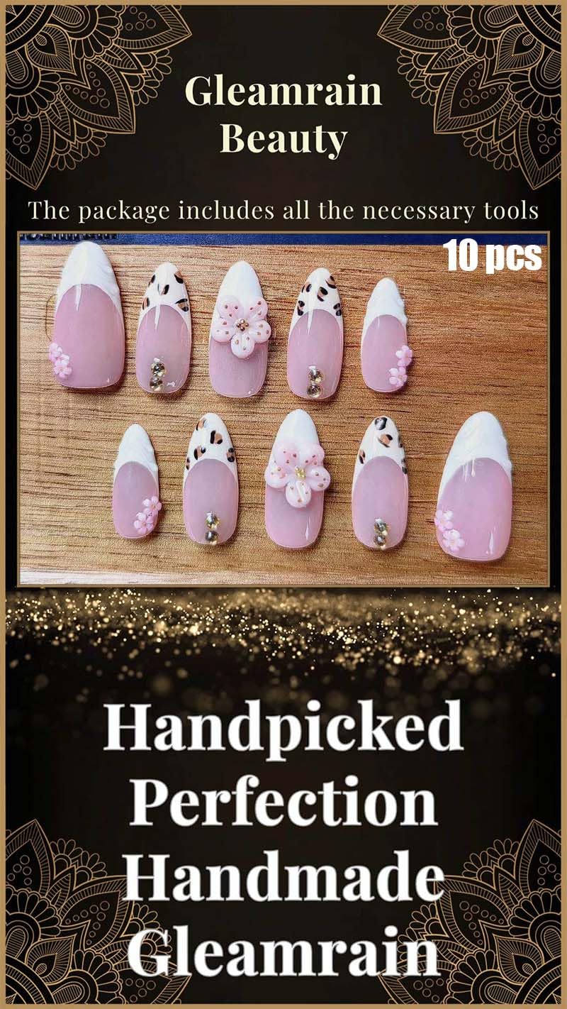 Gleamrain Almond Press-On Nails – Handmade Luxury M Size, 10Pcs, Floral 3D Design