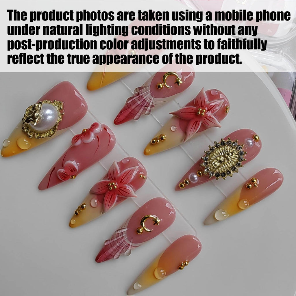 Gleamrain Pink Handmade Press-On Nails - Long Almond with French Tips & 3D Flower (Pattern 27)