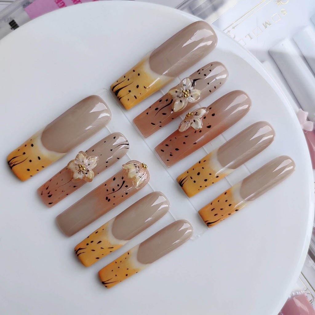 Gleamrain Extra Long Square Press-On Nails – Yellow Flower Design, 10pcs, Size M, Pattern 1101