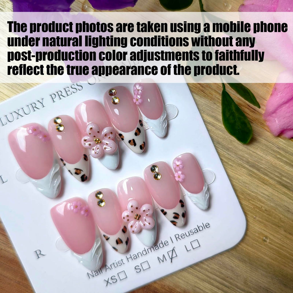 Gleamrain Almond Press-On Nails – Handmade Luxury M Size, 10Pcs, Floral 3D Design