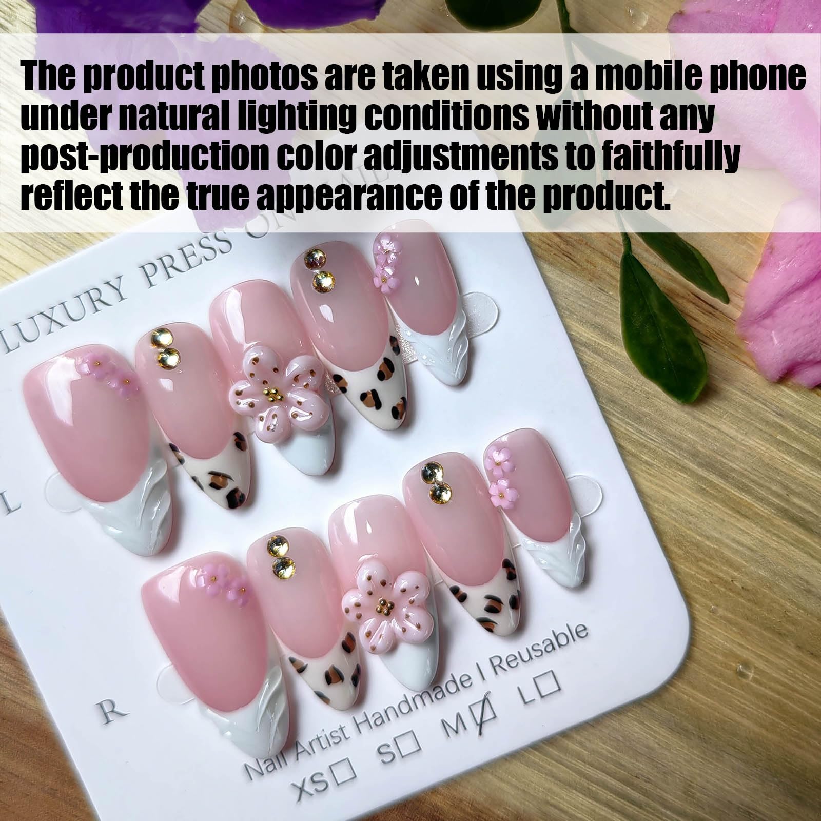 Gleamrain Almond Press-On Nails – Handmade Luxury M Size, 10Pcs, Floral 3D Design