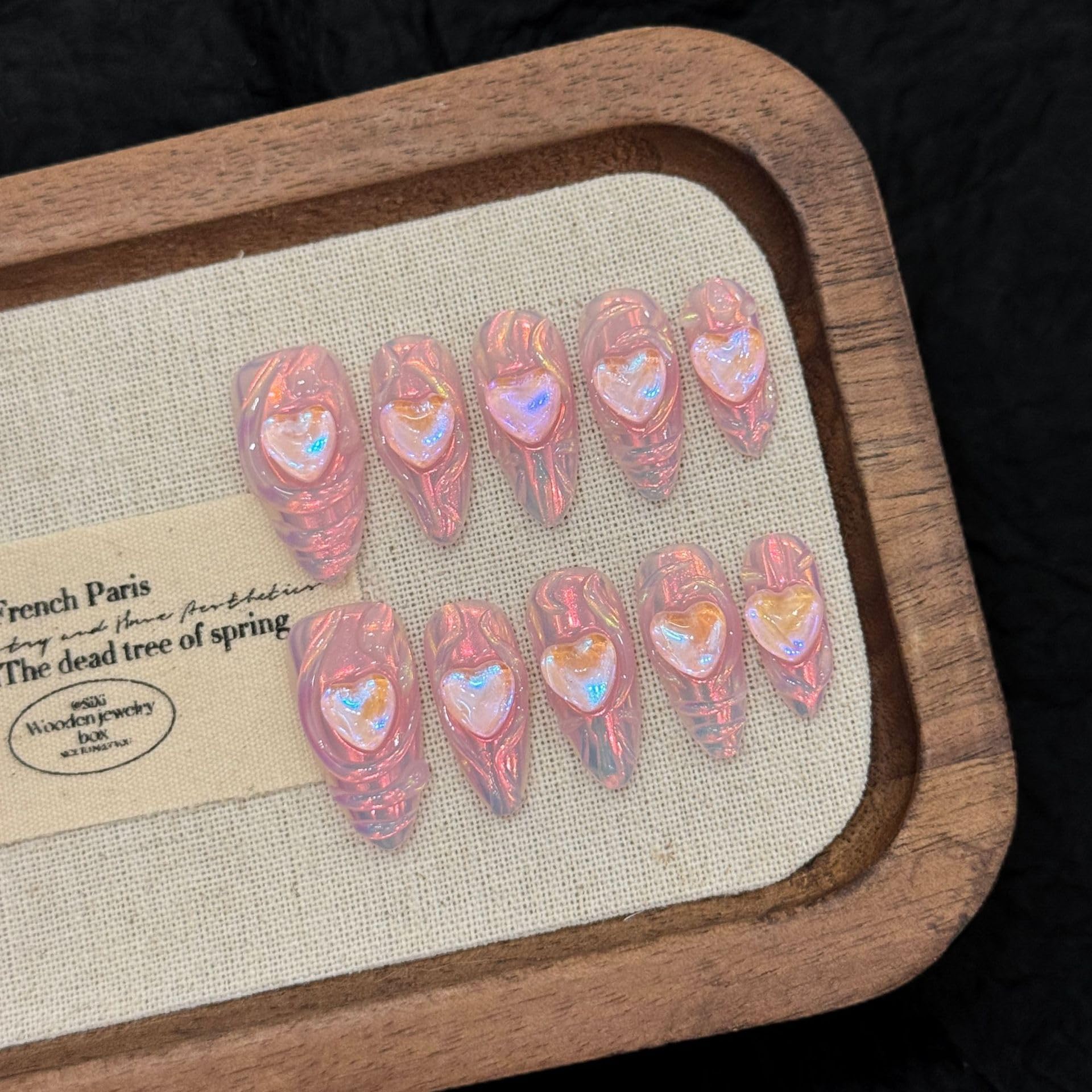 Gleamrain Handmade Press-On Nails – Pink Almond Shape (M), Heart Design, 10 Pcs