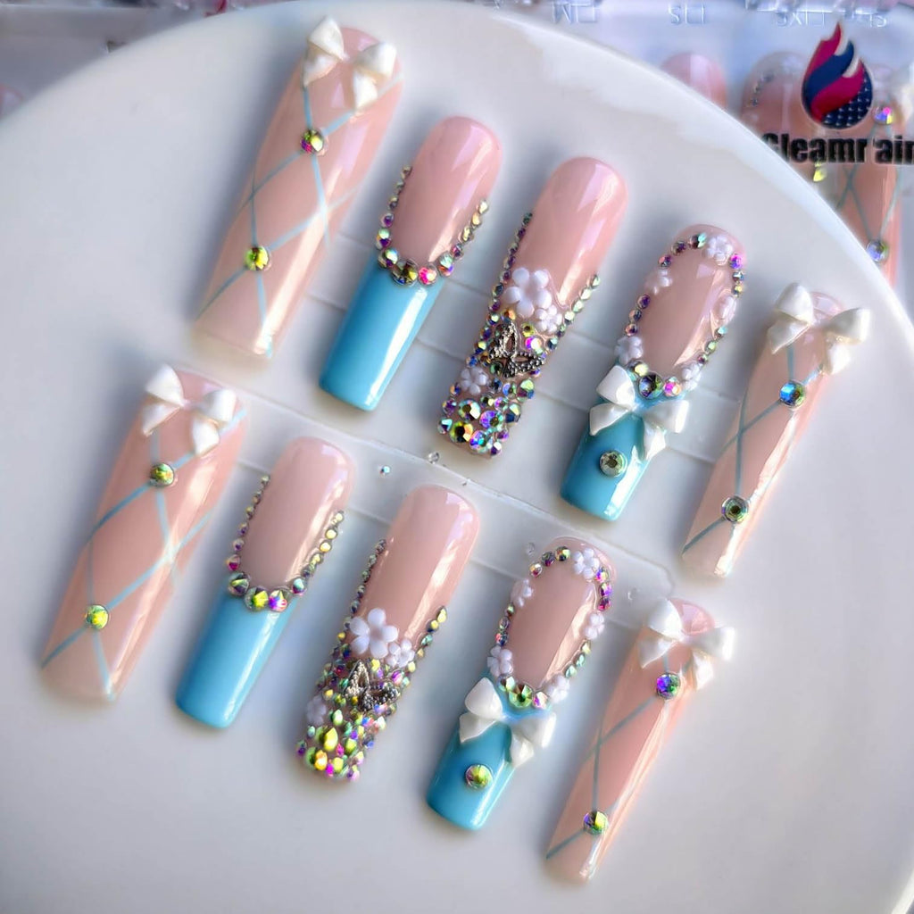 Gleamrain XL Long Press-On Nails – Handmade Square Nails with Floral Pattern, 10pcs, Size M (1102)