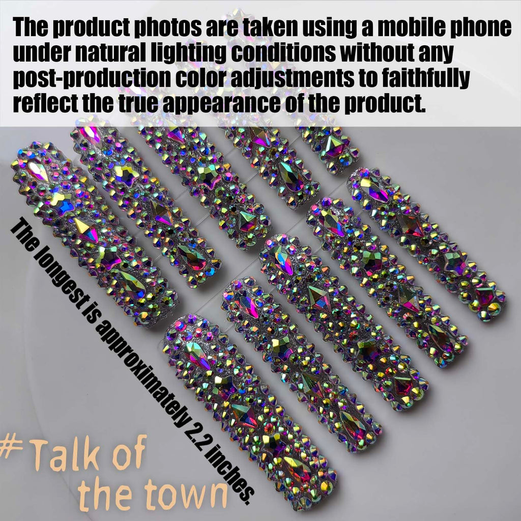 Gleamrain XXL Press-On Nails – Extra Long Square Handmade with Rhinestones, 10pcs, M Size (Pattern 1104)
