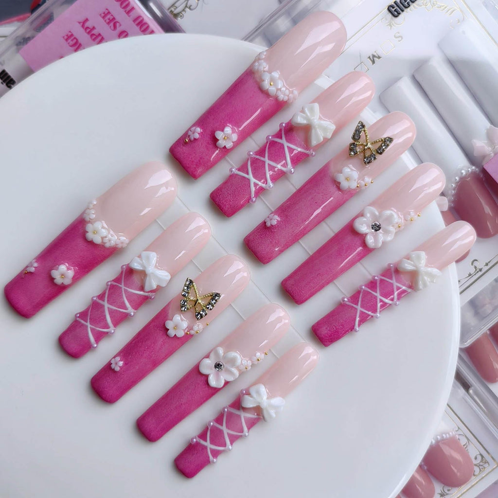 Gleamrain Xxl Press On Nails – Extra Long Square Handmade Nails with Pink French Tips, 10pcs, Size M (Pattern 1108)