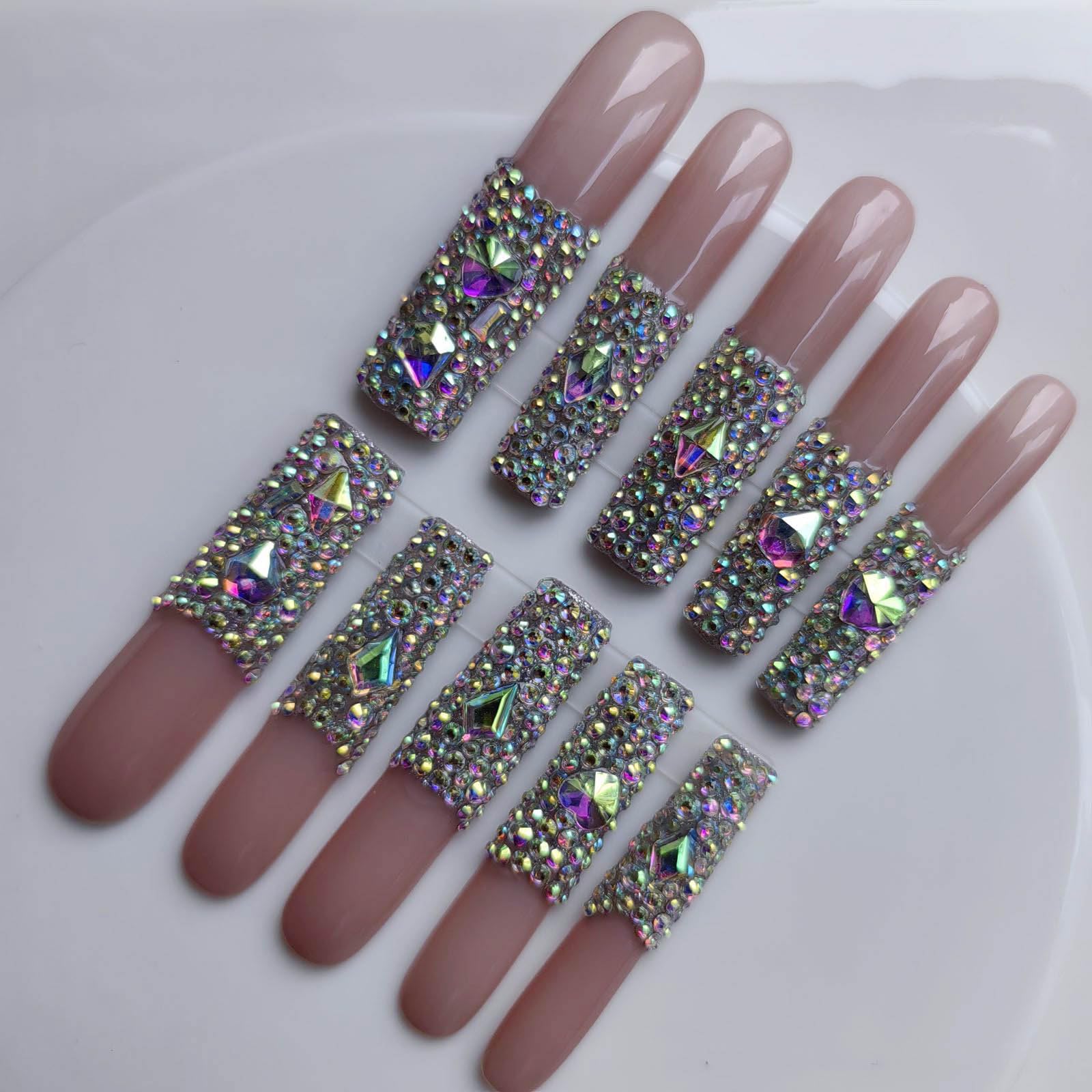 Gleamrain XXL Press-On Nails – Extra Long Square, French Tip with Rhinestones | 10pcs, M Size (1105)