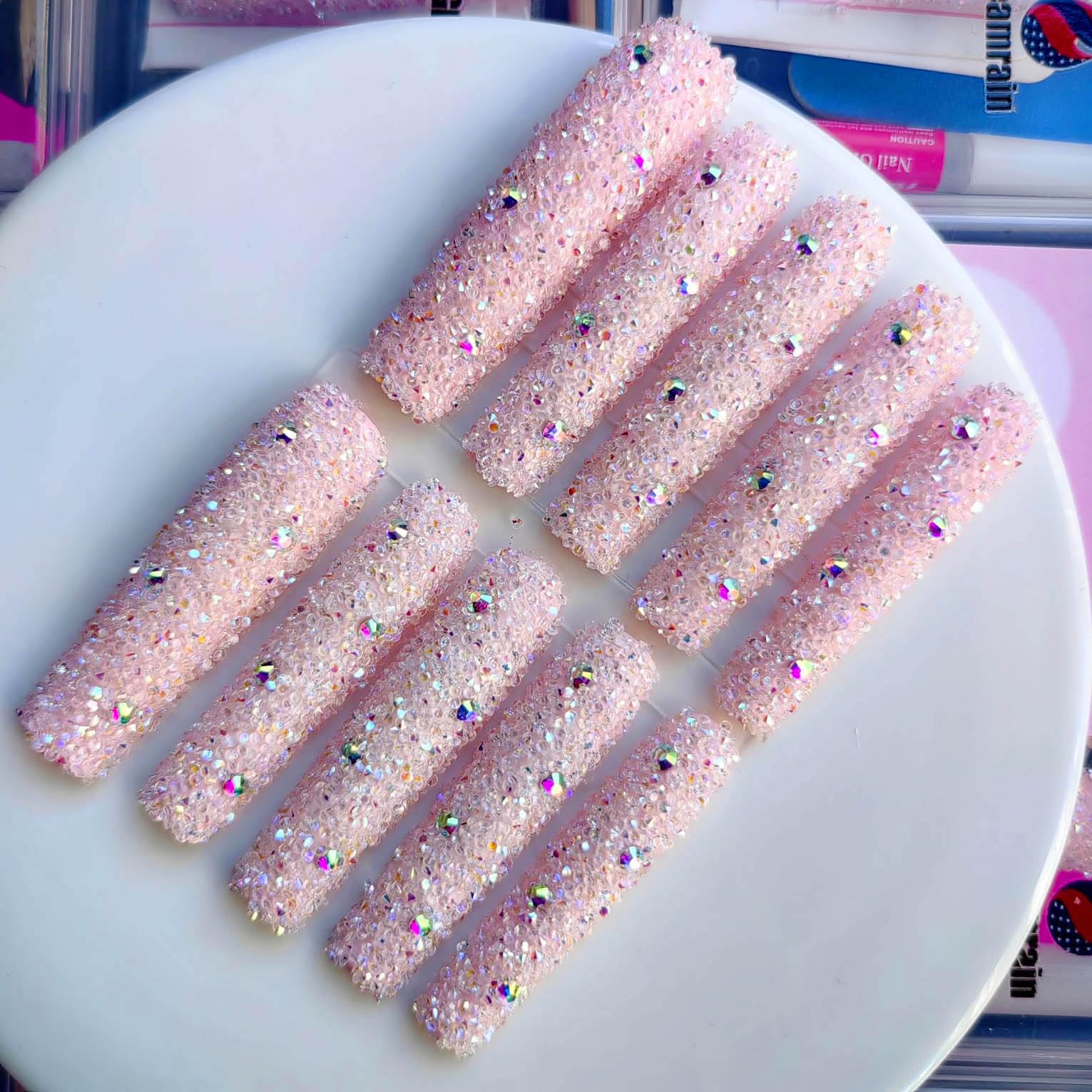 Gleamrain XXL Press-On Nails — Extra Long Square Nails with 3D Floral Pattern & Rhinestones (10pcs, Size M, Pattern 1110)