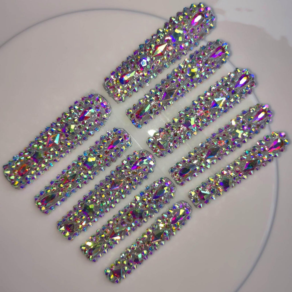 Gleamrain XXL Press-On Nails – Extra Long Square Handmade with Rhinestones, 10pcs, M Size (Pattern 1104)