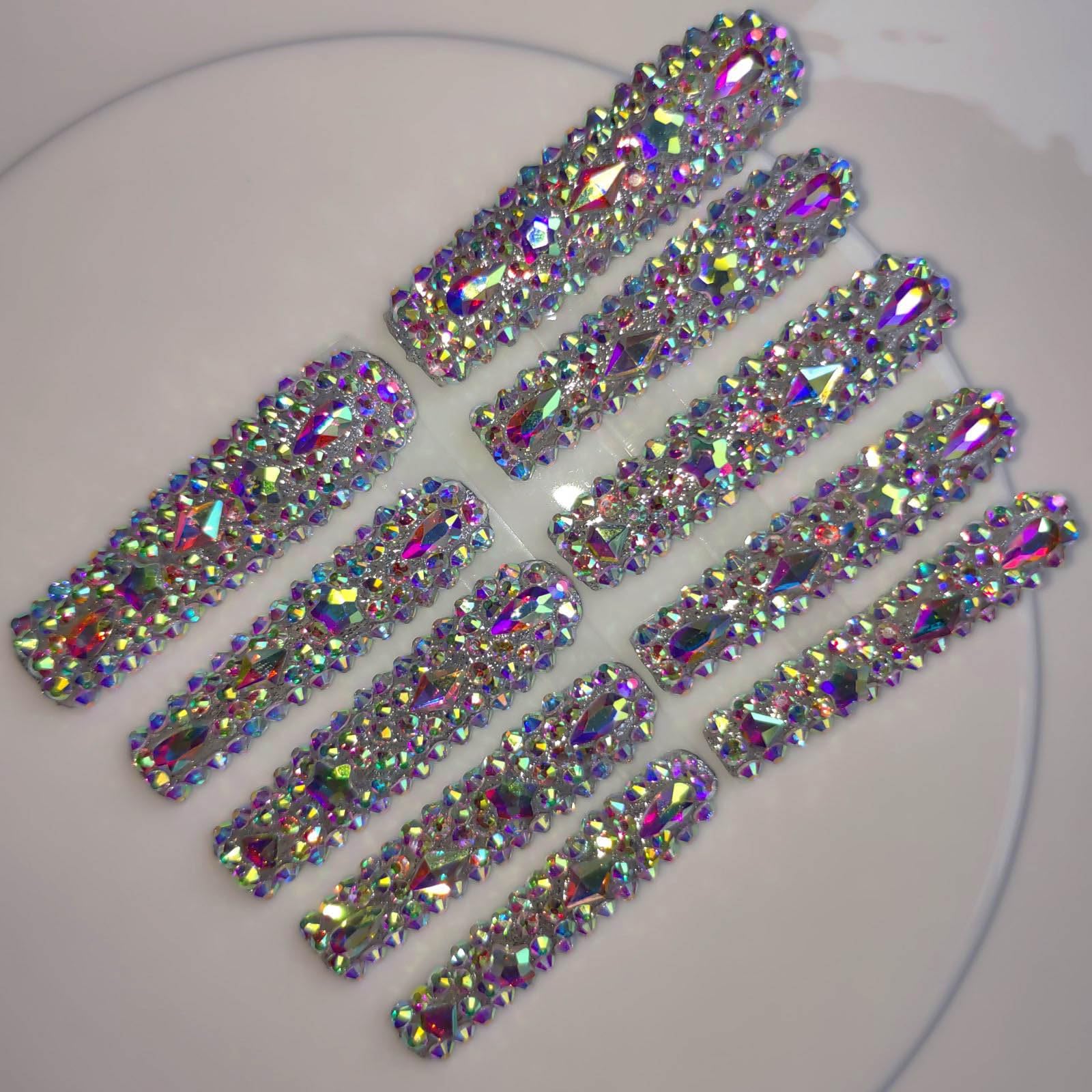 Gleamrain XXL Press-On Nails – Extra Long Square Handmade with Rhinestones, 10pcs, M Size (Pattern 1104)