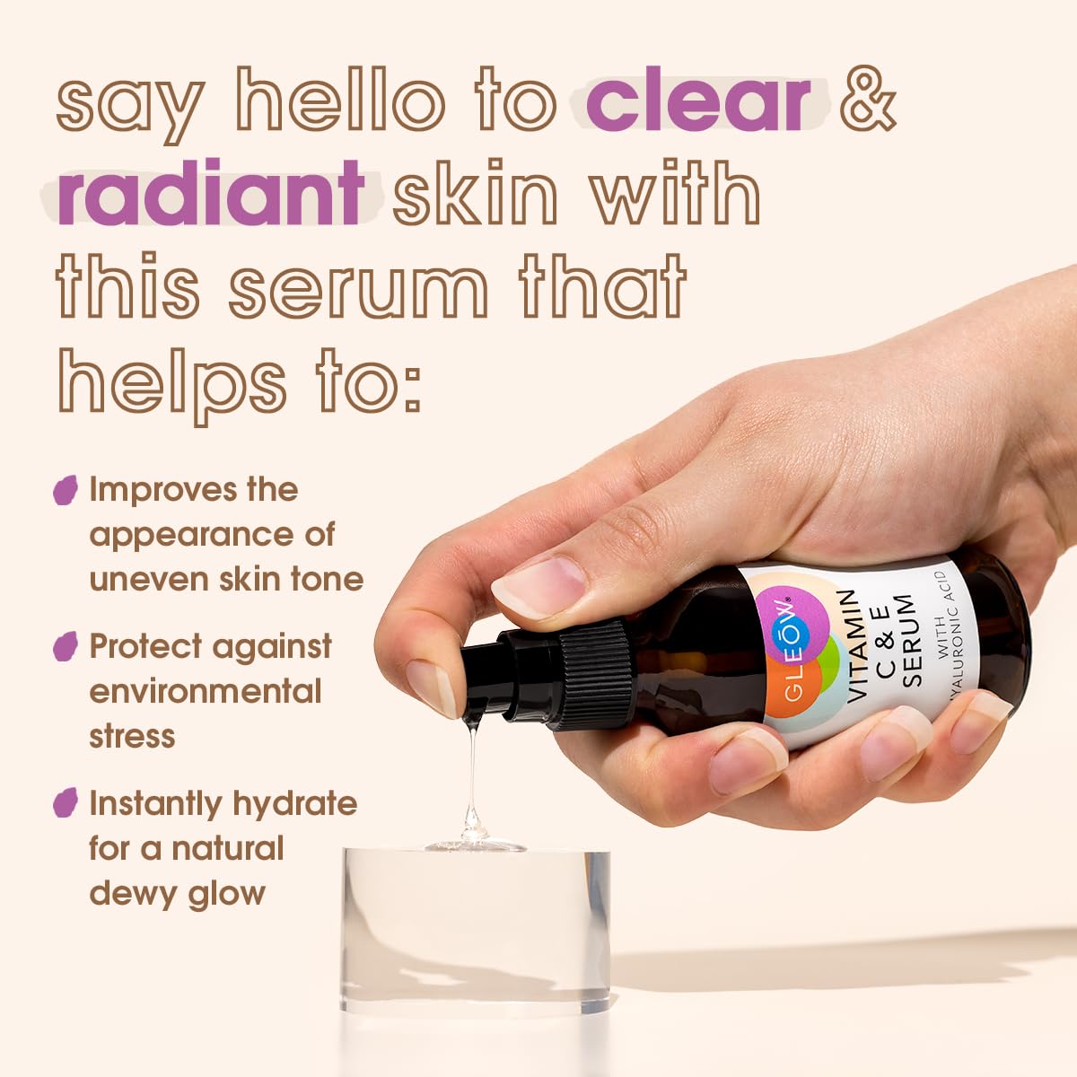 GLEOW Vitamin C Serum with Hyaluronic Acid – Hydrating Face Serum for All Skin Types | 2 oz