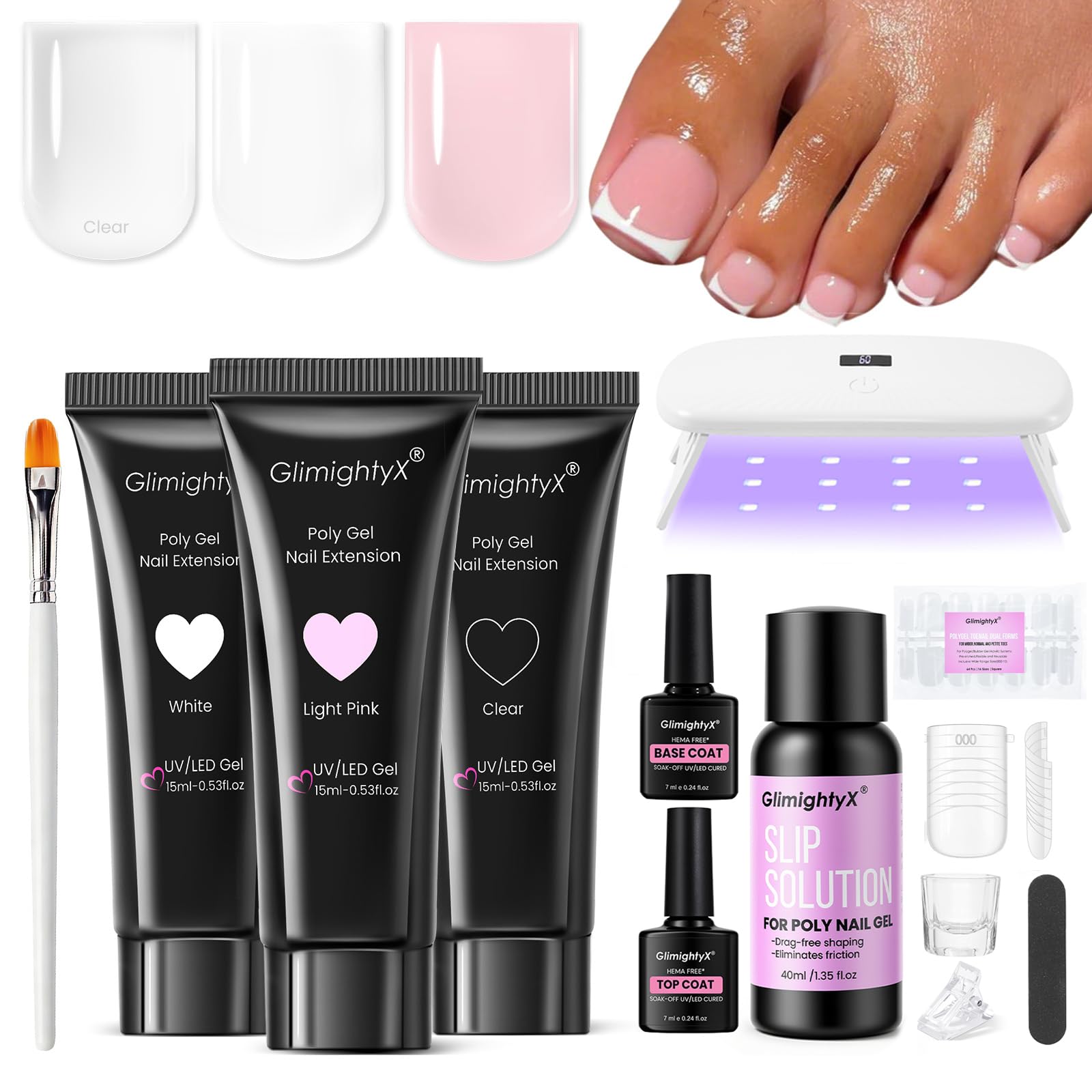 GlimightyX Poly Gel Toenail Kit with UV Lamp – 3 Colors, Dual Forms, DIY Pedicure