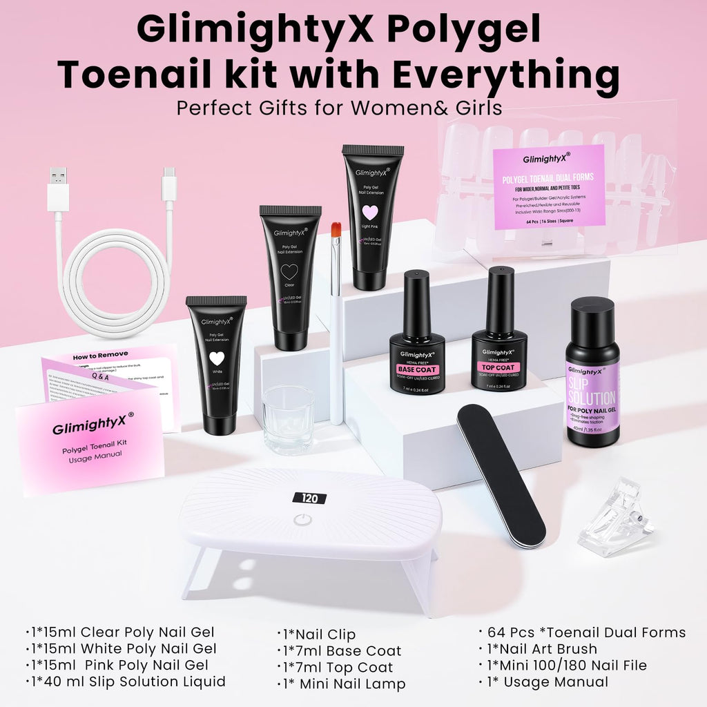 GlimightyX Poly Gel Toenail Kit with UV Lamp – 3 Colors, Dual Forms, DIY Pedicure