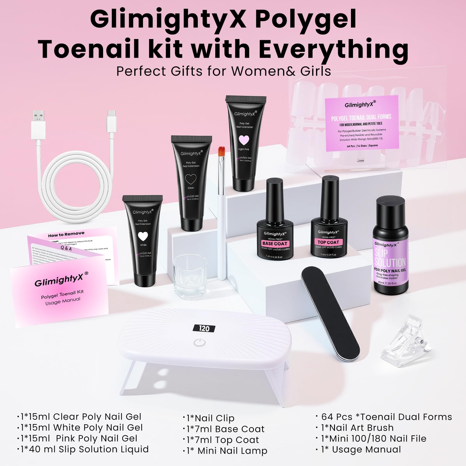 GlimightyX Poly Gel Toenail Kit with UV Lamp – 3 Colors, Dual Forms, DIY Pedicure