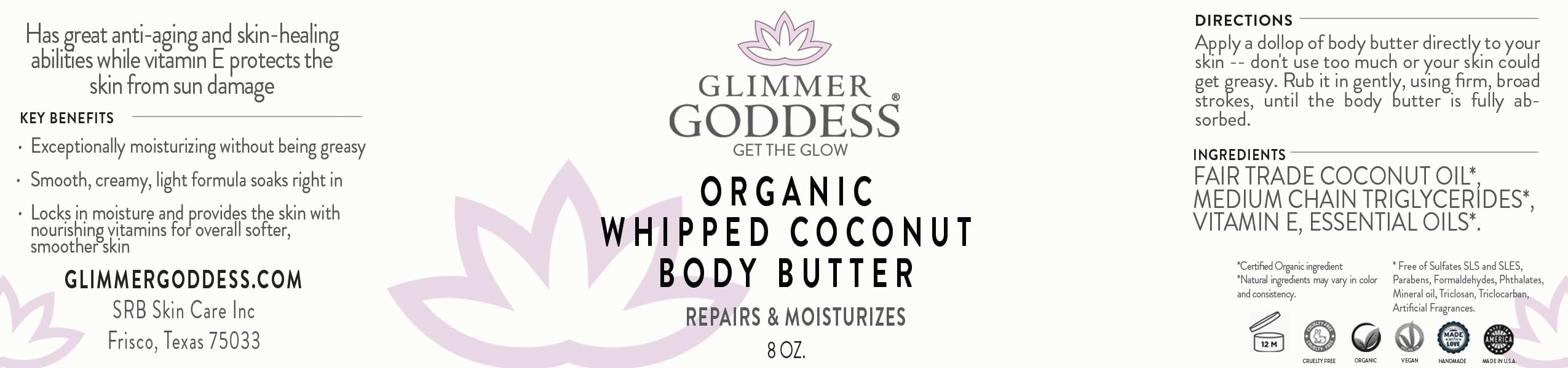 Glimmer Goddess Organic Whipped Coconut Oil Body Butter – Lavender Lemon, 8 oz | Vegan