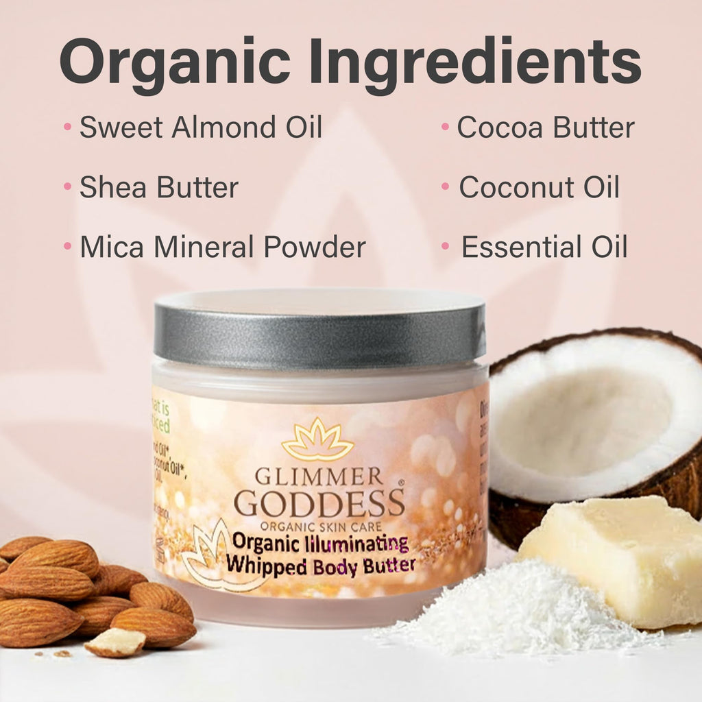 Glimmer Goddess Shimmer Body Butter – Organic Whipped Shea Hydration & Silky Glow, Diamond Sexy, 4 oz