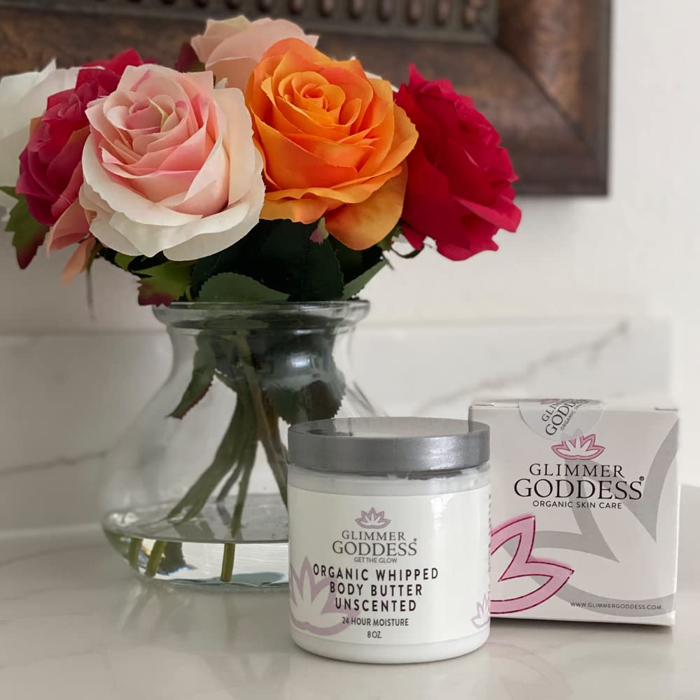 GLIMMER GODDESS Organic Whipped Body Butter – Hydrating Shea & Cocoa Butter Moisturizer with Almond & Coconut Oil, Honeysuckle, 8oz