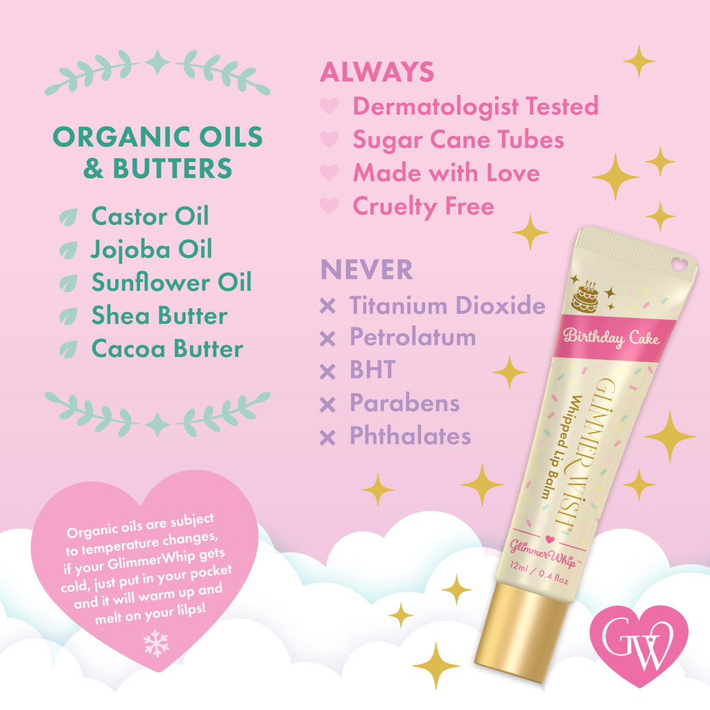 Glimmer Wish Glimmer Whip Hydrating Lip Balm – Birthday Cake, Vegan Lip Moisturizer with Organic Oils & Butters