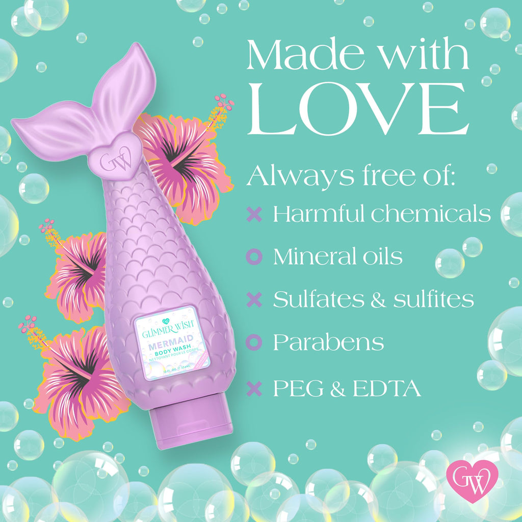 Glimmer Wish Mermaid Kids Body Wash – Gentle, Sulfate-Free Cleanser for Kids, Tropical Beach Scent, 12 Fl Oz