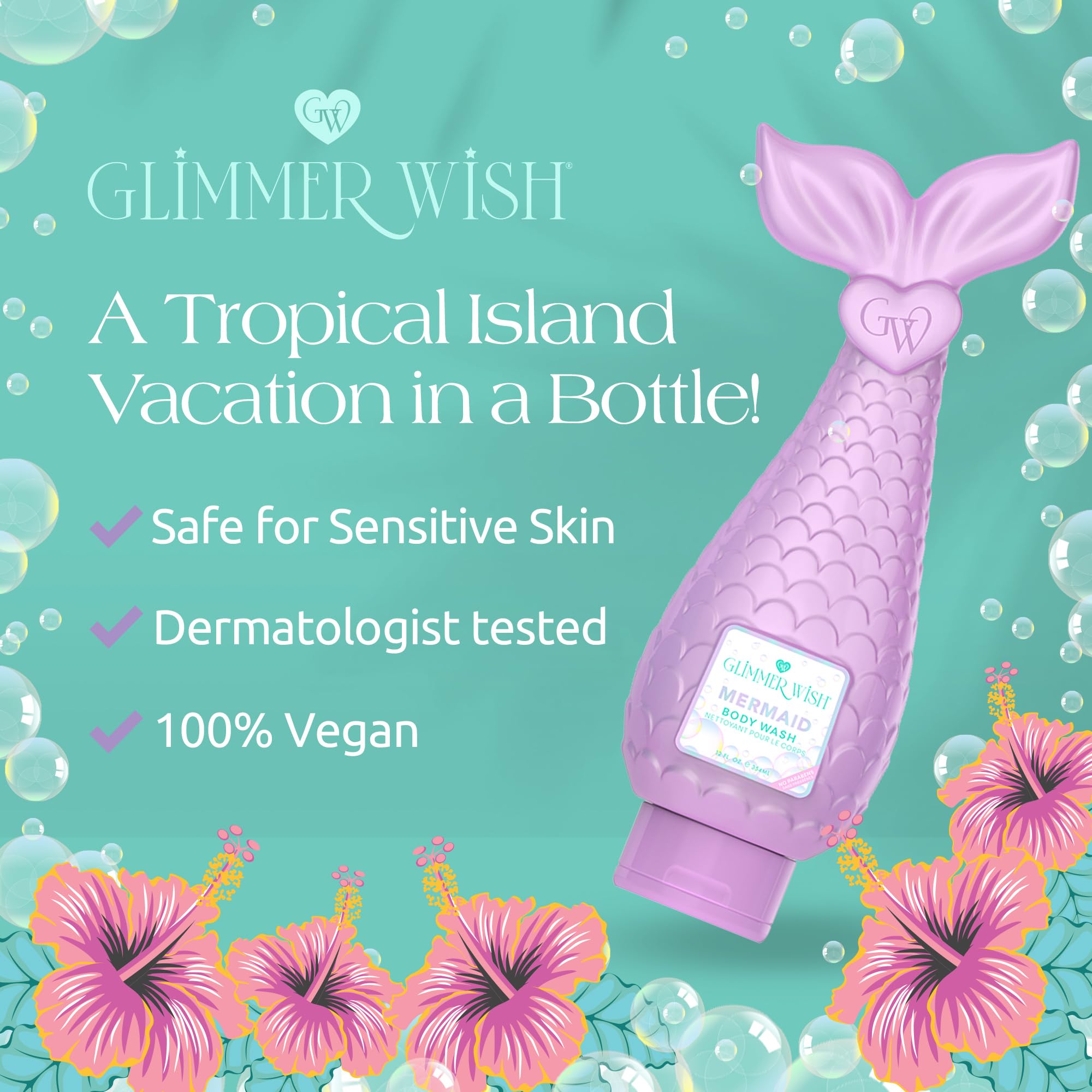 Glimmer Wish Mermaid Kids Body Wash – Gentle, Sulfate-Free Cleanser for Kids, Tropical Beach Scent, 12 Fl Oz