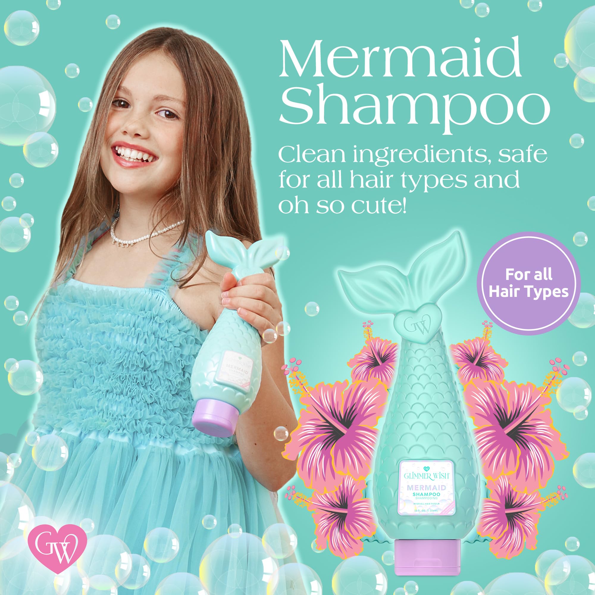 Glimmer Wish Mermaid Kids Shampoo – Sulfate & Paraben Free, 12 oz, Island Scent, Non-Toxic