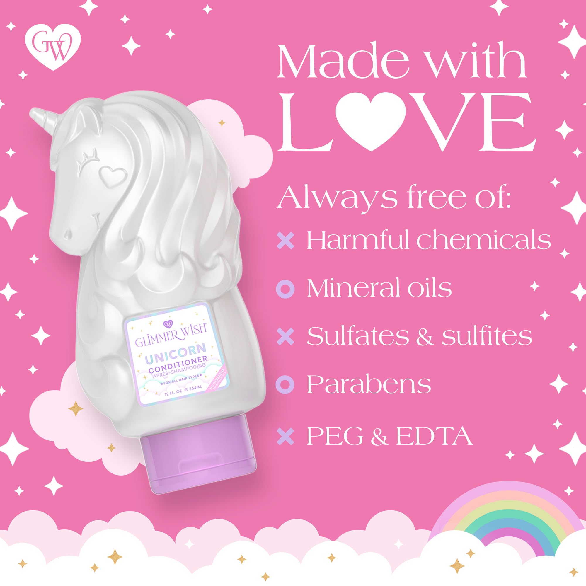 Glimmer Wish Unicorn Kids Conditioner – Paraben & Sulfate Free, Cotton Candy Scent, 12 Fl Oz