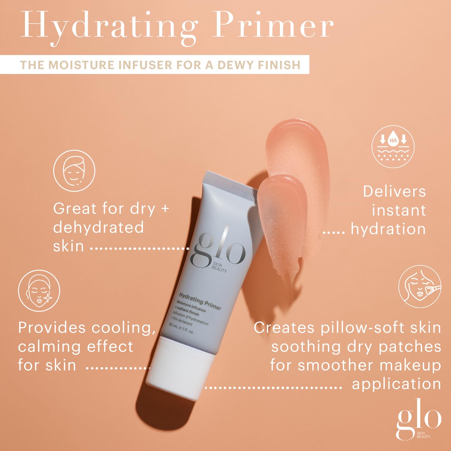 Glo Skin Beauty Hydrating Primer with Hyaluronic Acid | Dewy Finish for Dry Skin