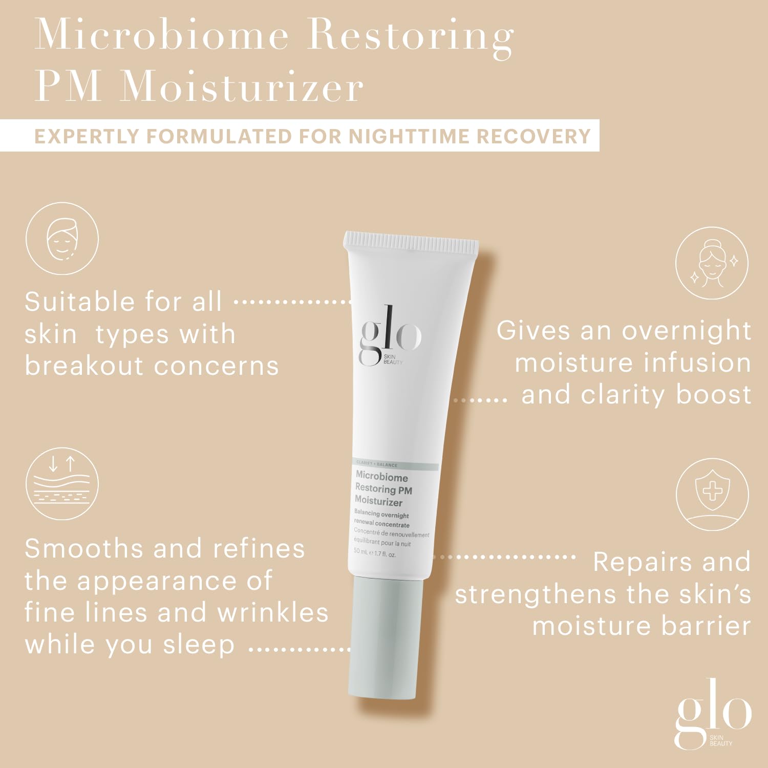 Glo Skin Beauty Microbiome Restoring PM Moisturizer – Oil-Free Night Gel-Cream for Acne-Prone Skin