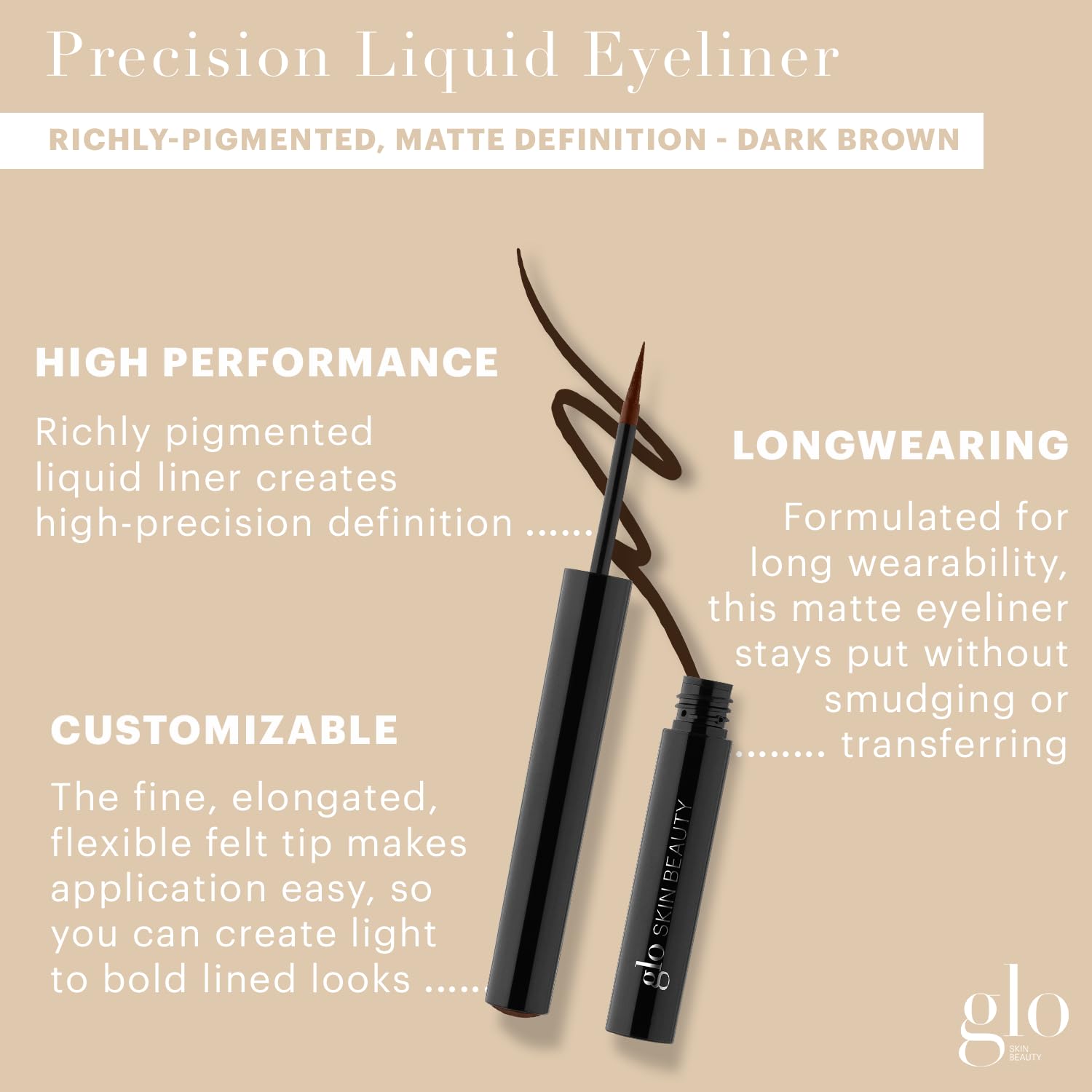 Glo Skin Beauty Precision Liquid Eyeliner (Dark Brown) – Fine Felt Tip, Matte Finish, With Caffeine