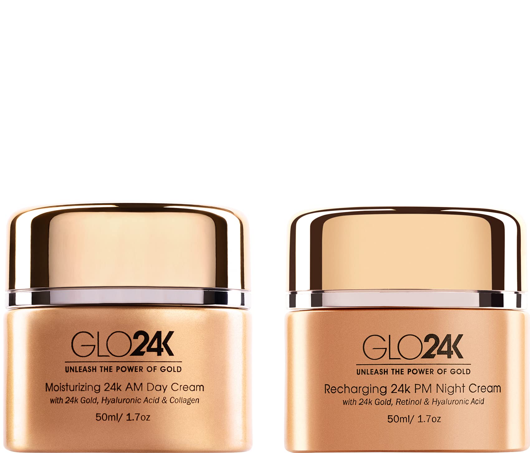 GLO24K Moisturizing 24k Gold Day & Night Creams — Hydration Duo with Hyaluronic Acid, Collagen, Retinol
