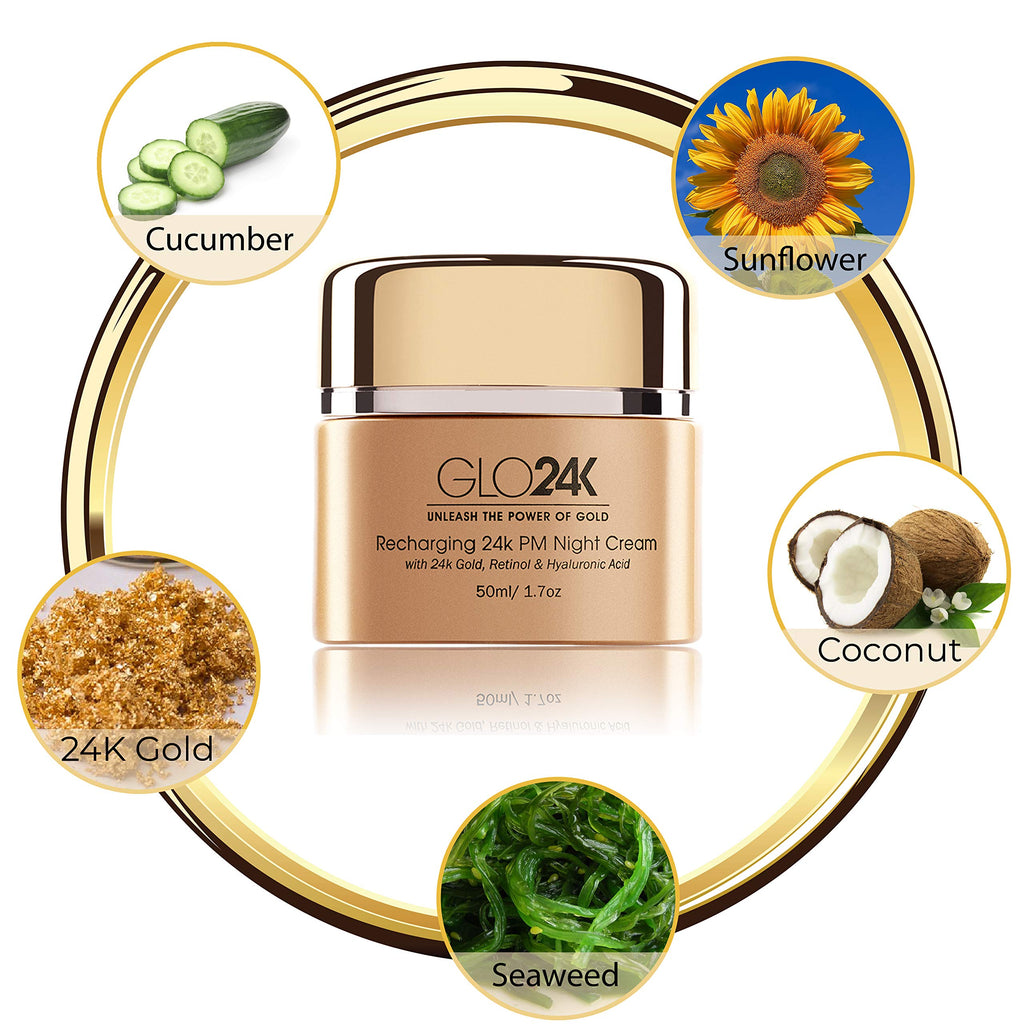 GLO24K Moisturizing 24k Gold Day & Night Creams — Hydration Duo with Hyaluronic Acid, Collagen, Retinol