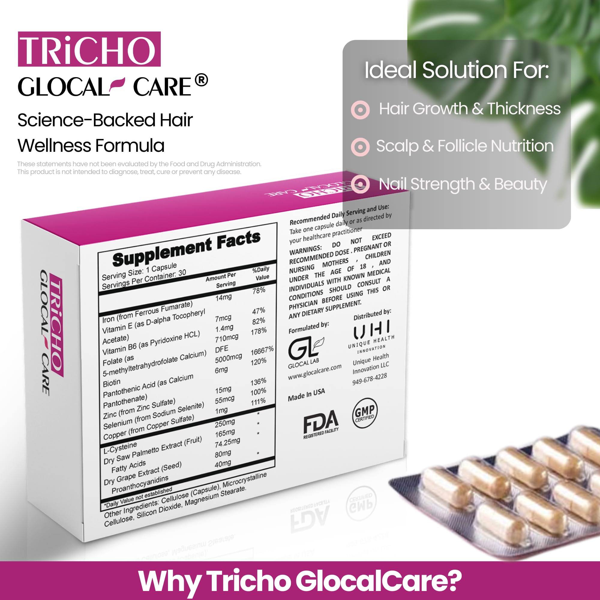 GlocalCare Tricho – Hair Growth Supplement with Saw Palmetto & Biotin 5000mcg