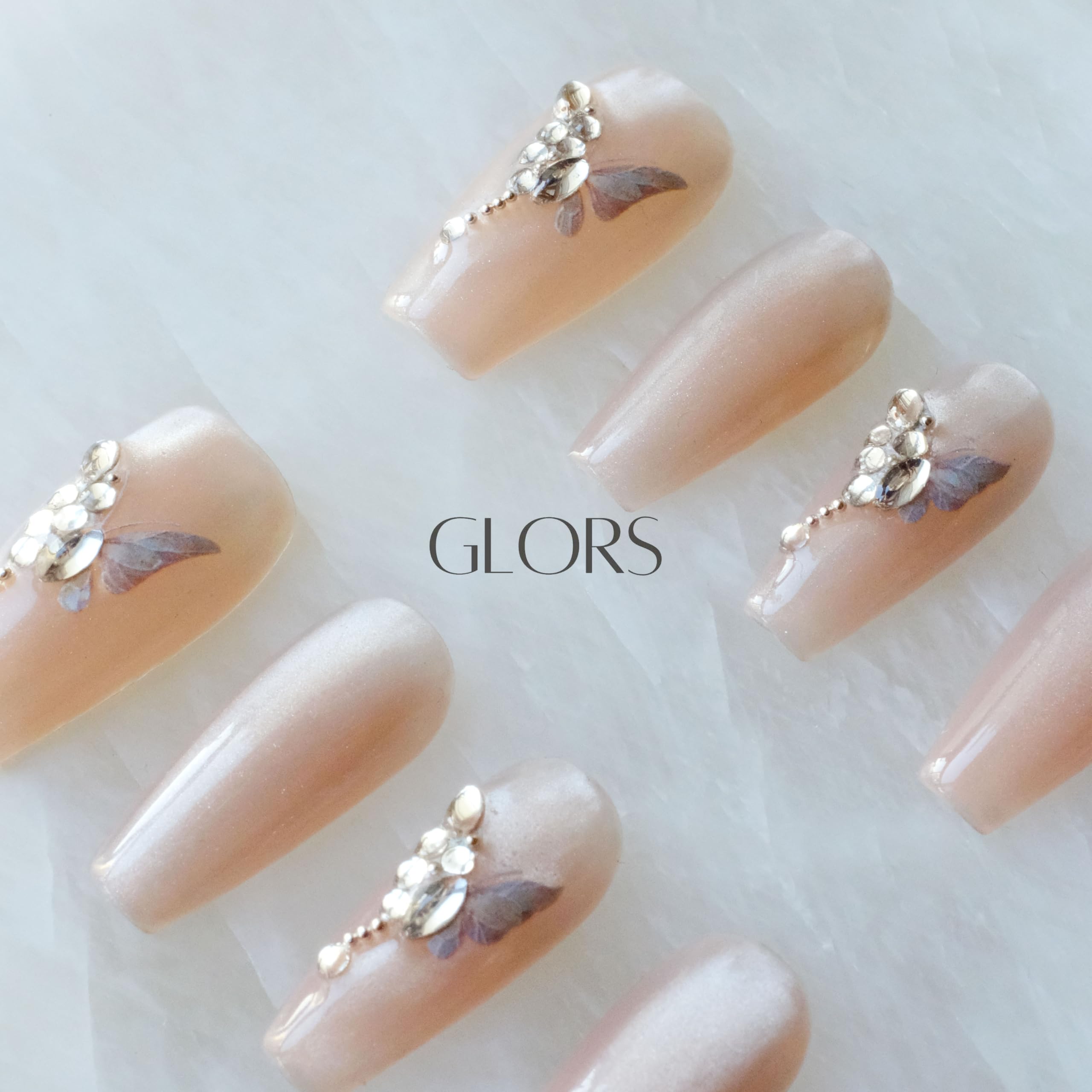 GLORS Press On Nails - Long Ballerina Coffin Nude Pink with Butterfly Rhinestones (10-Piece, Medium LB)