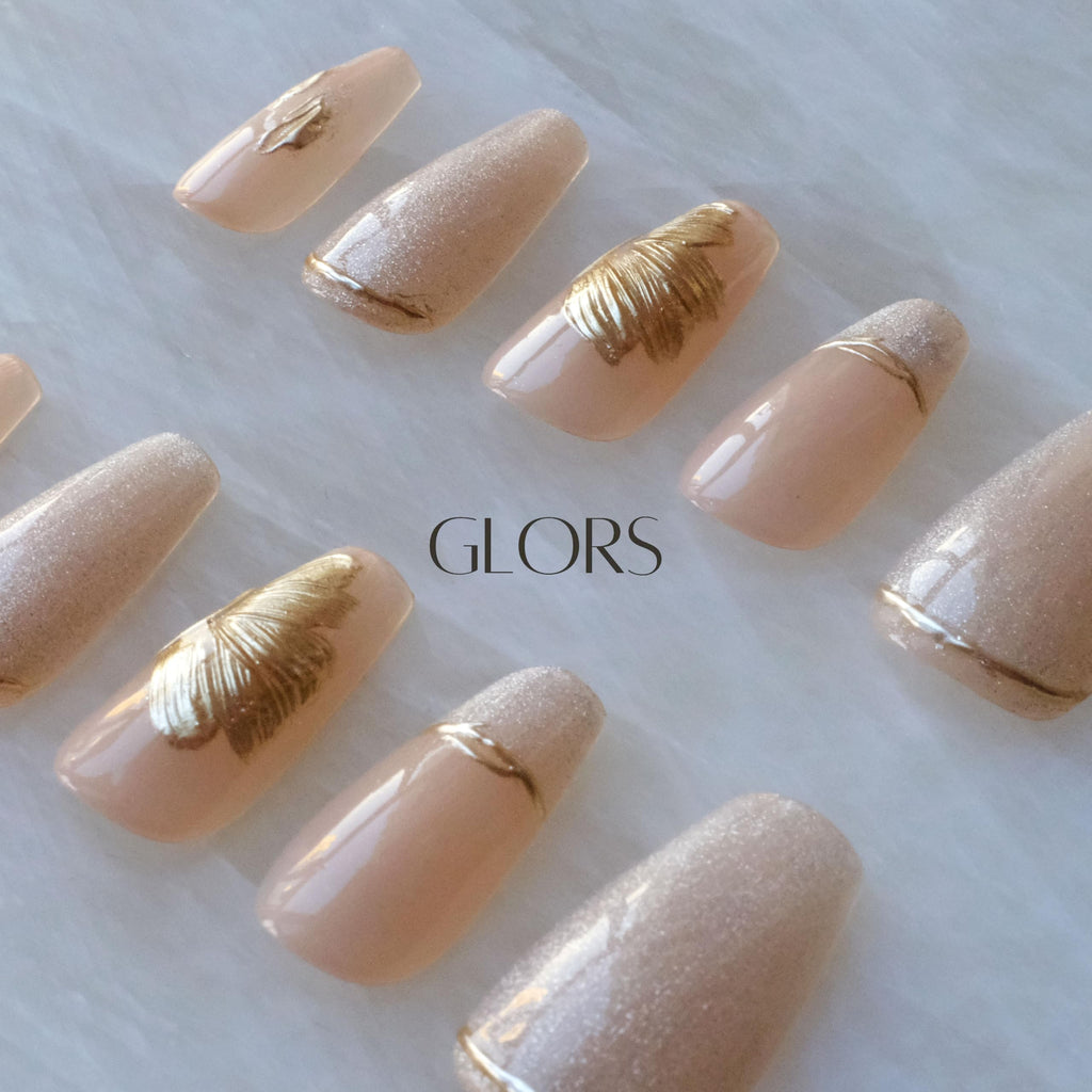 GLORS Press On Nails - Long Ballerina Nude Pink with Gold Accents - 10 Pieces (XS/LB)