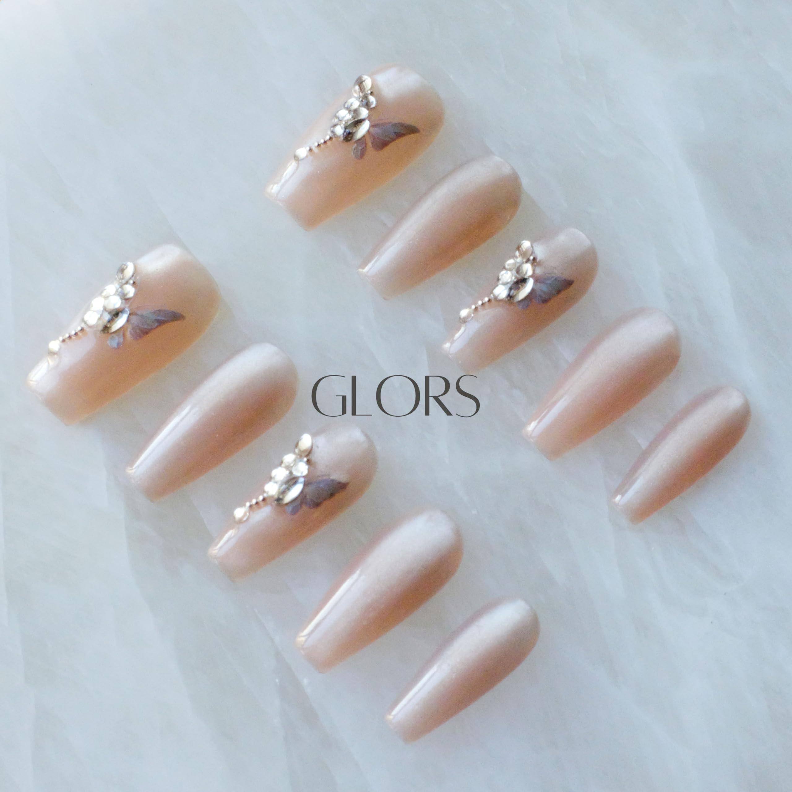 GLORS Press On Nails – Long Ballerina Coffin Nude Pink with Butterfly Rhinestones | 10 Pieces (Small, LB)