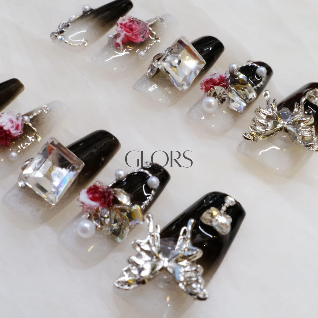GLORS Handmade Press-On Nails - Long Coffin with 3D Butterfly & Rose, 10-Piece Set (XS, LC)