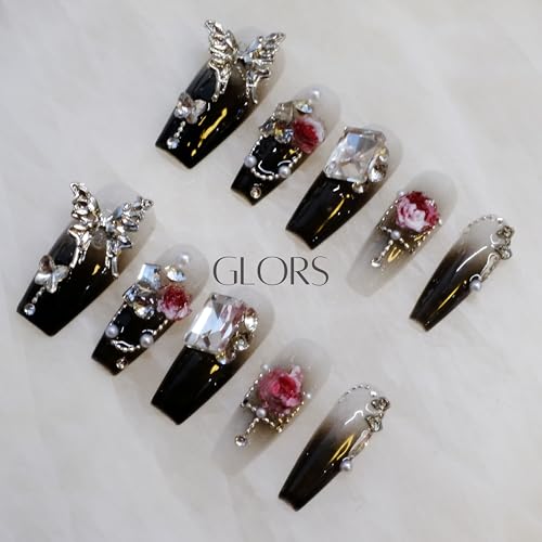 GLORS Handmade Press-On Nails - Long Coffin with 3D Butterfly & Rose, 10-Piece Set (XS, LC)