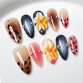 GLORS 3D Flower Press-On Nails – Almond Shape, Leopard & Pink Ombre with Rhinestones | 10 Pcs (XS, MB)