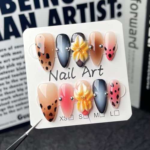 GLORS 3D Flower Press-On Nails – Almond Shape, Leopard & Pink Ombre with Rhinestones | 10 Pcs (XS, MB)
