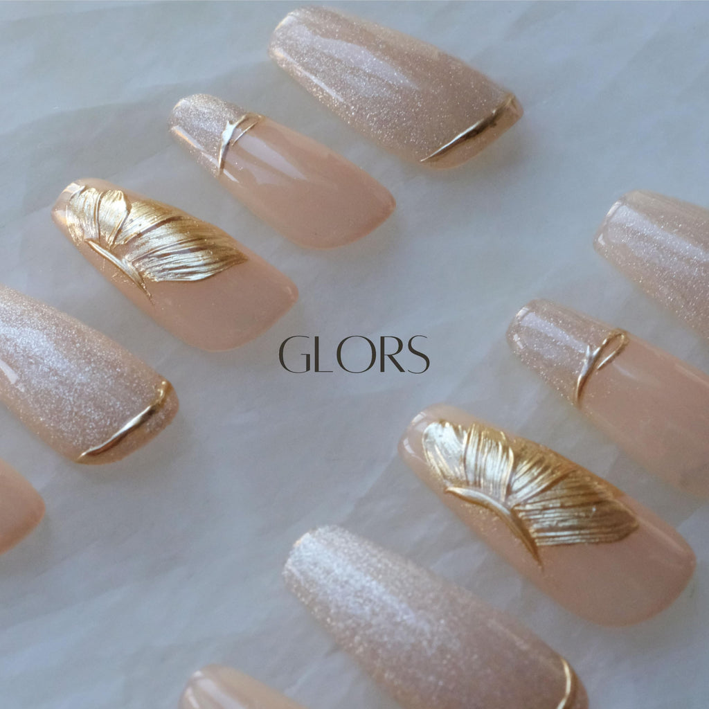 GLORS Press On Nails - Long Ballerina Nude Pink with Gold Accents - 10 Pieces (XS/LB)