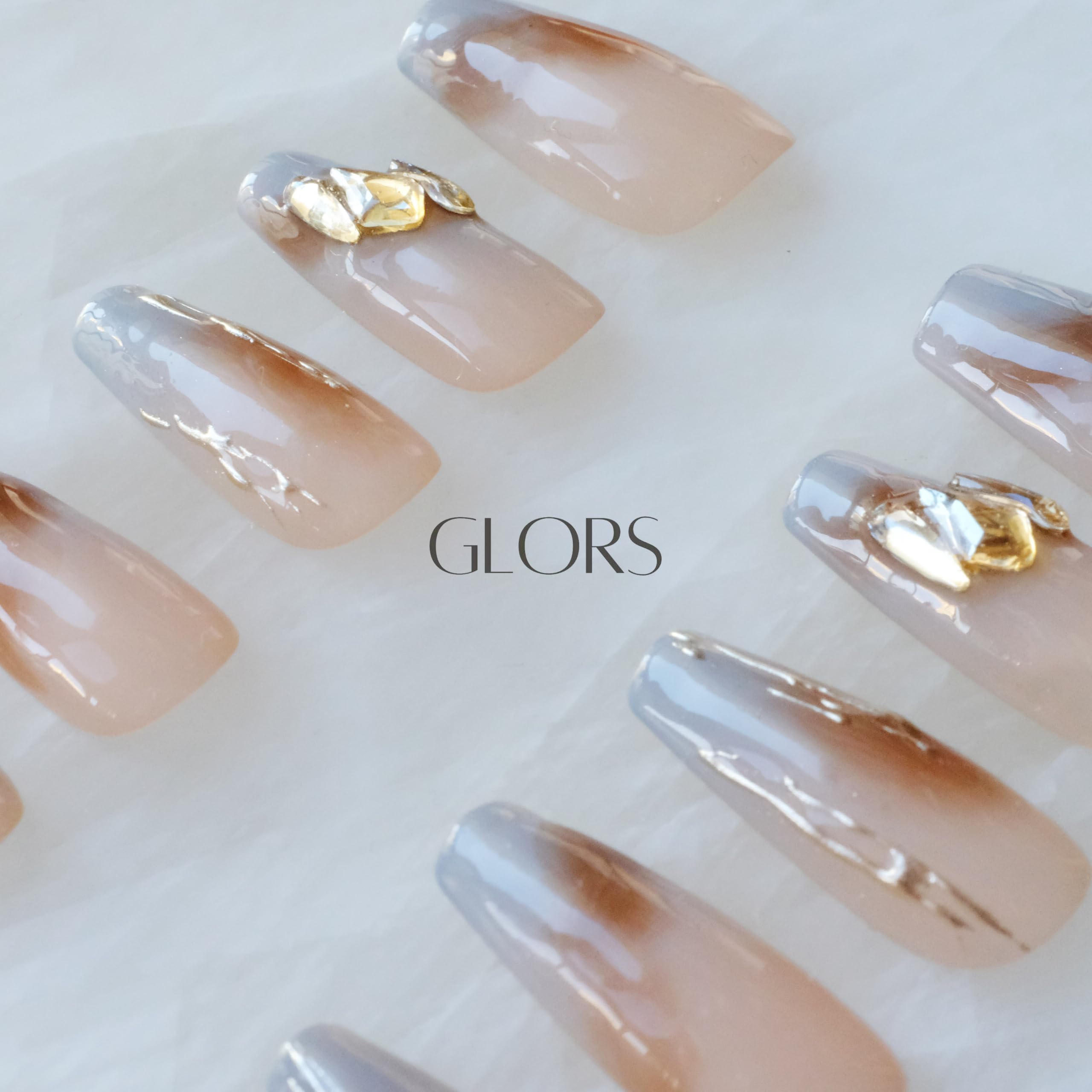GLORS Ombre Press On Nails – Long Ballerina Nude to Gray with Gold Accents (10-Piece, Large LB)