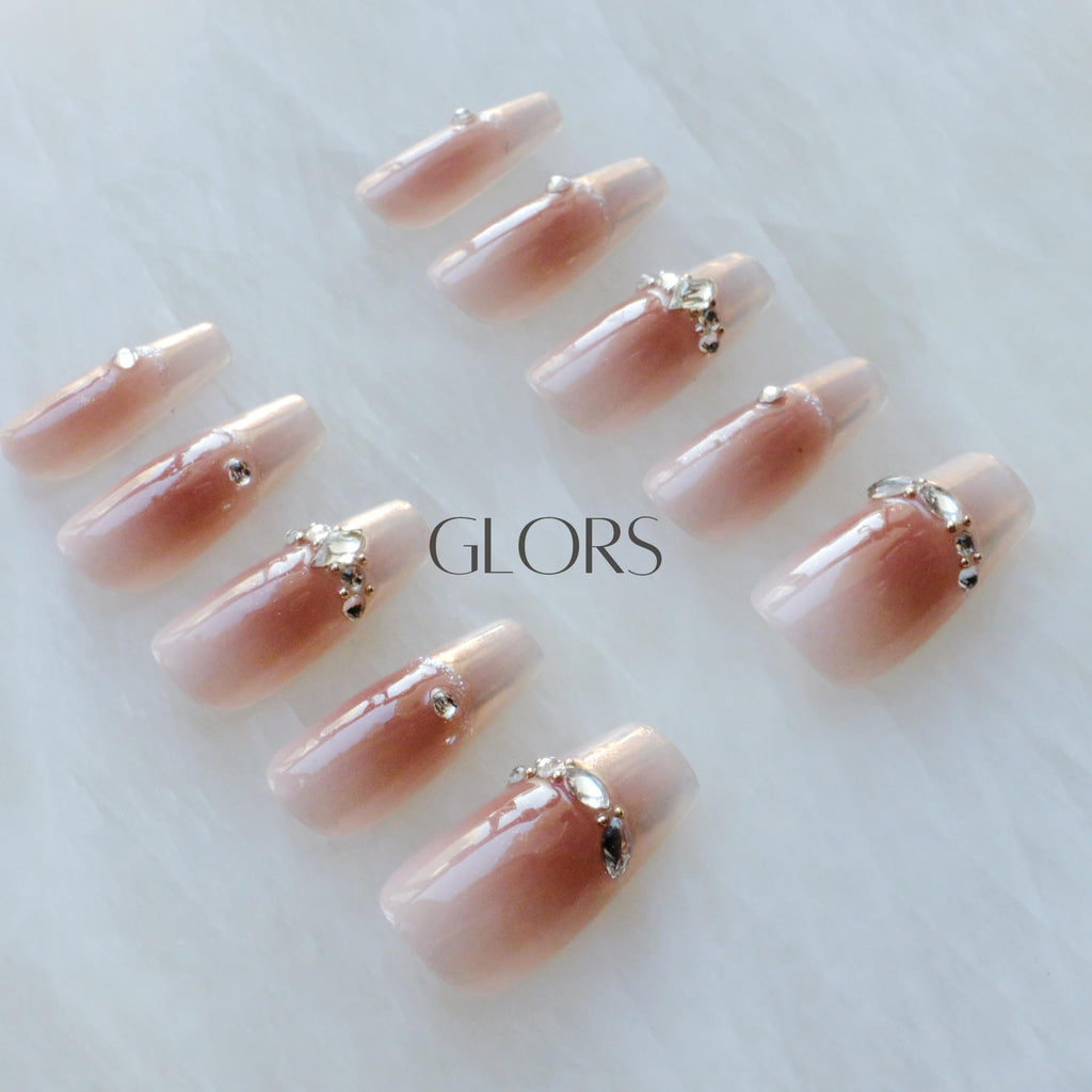 GLORS Long Ballerina Press-On Nails – Pink French with Rhinestones (Small LB)