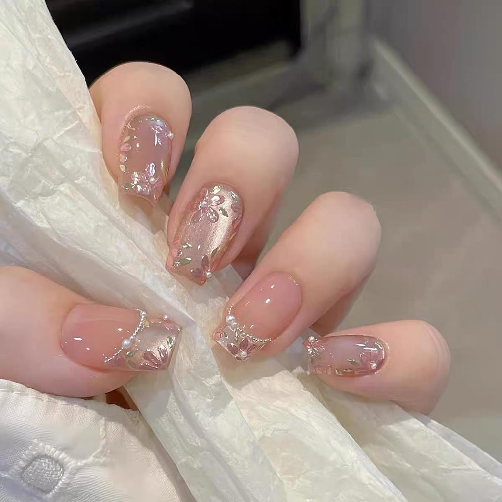 GLORS Medium Ballerina Press-On Nails – Nude Pink with Rose Gold Foil & Pearl Accents (10 pc, XS–MB)